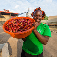 Load image into Gallery viewer, Woman holding a large bowl of red coffee cherries.
